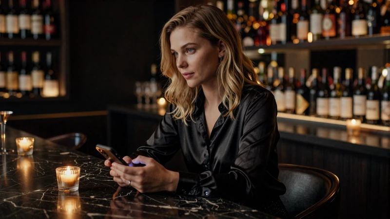 Woman sitting at a dark modern bar contemplating online dating on her phone with warm golden ambient lighting reflecting the mood of 2026 digital romance