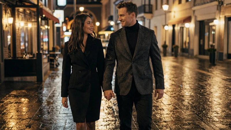 Couple walking through a city at night on a local date, representing size-positive local singles connecting
