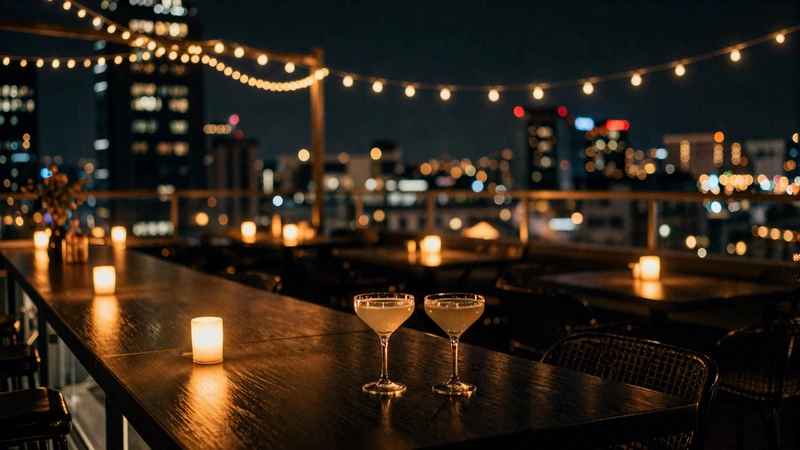 Intimate rooftop bar setting with cocktails and city lights representing the casual dating lifestyle on Datings-Online