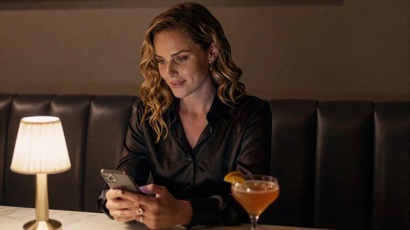 Woman browsing a dating app on her phone in a dimly lit modern lounge with warm golden lighting, representing effective online dating in 2026