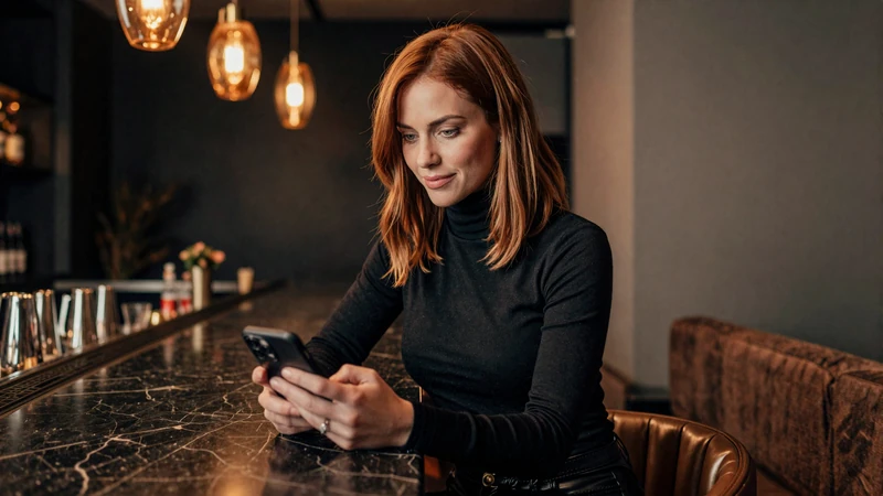 Woman browsing a verified dating platform on her phone at a dark upscale lounge with warm amber lighting, representing the evolution of adult personals in 2026