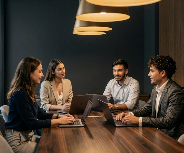 Datings-Online founding team collaborating in a modern dark luxury office with warm gold lighting