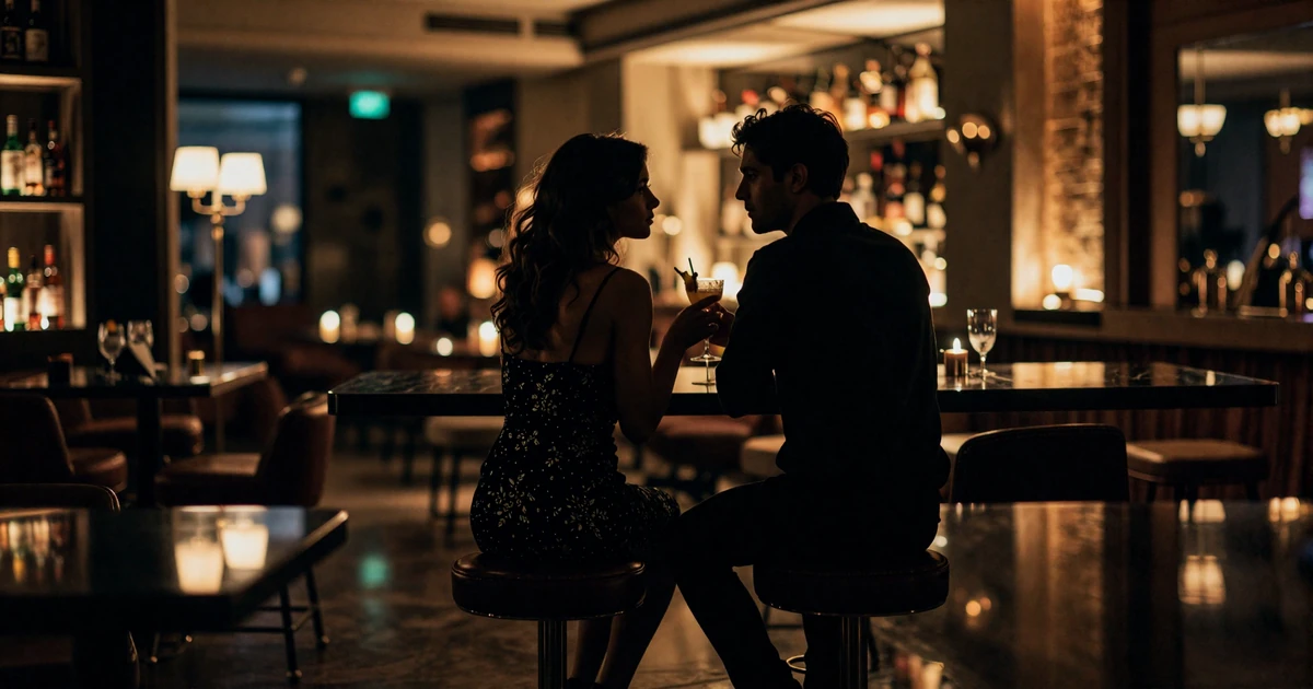 Couple on a first date at a dark rooftop lounge at twilight with warm golden string lights creating an intimate atmosphere for successful online dating connections