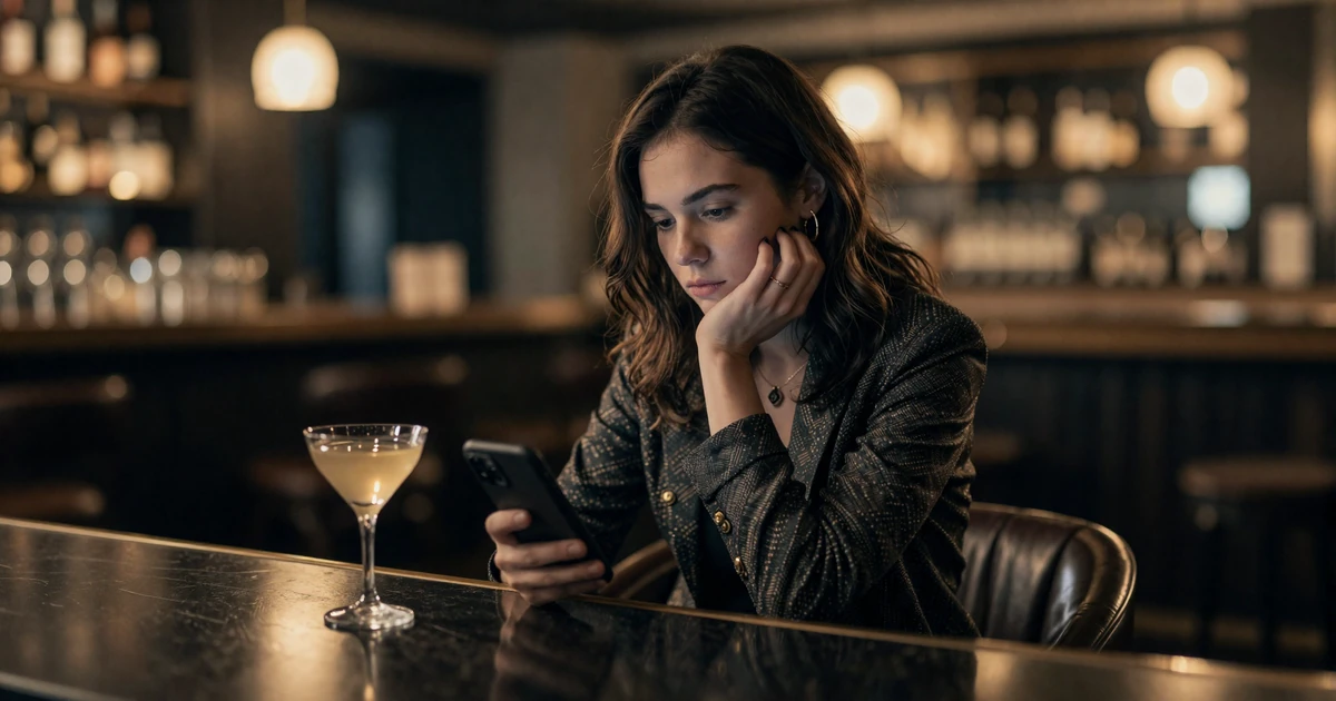 Woman browsing a FWB dating app at an upscale dimly lit cocktail bar with warm amber lighting, representing modern friends-with-benefits connections in 2026