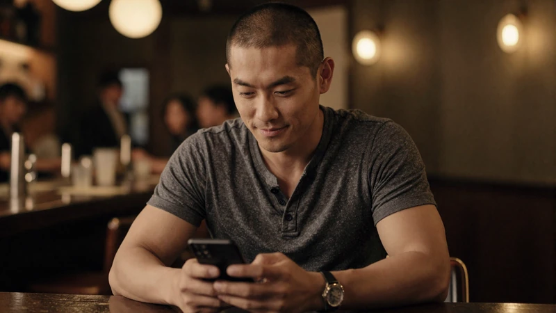 Man privately browsing matches on his phone at an upscale bar representing discreet local dating on Datings-Online