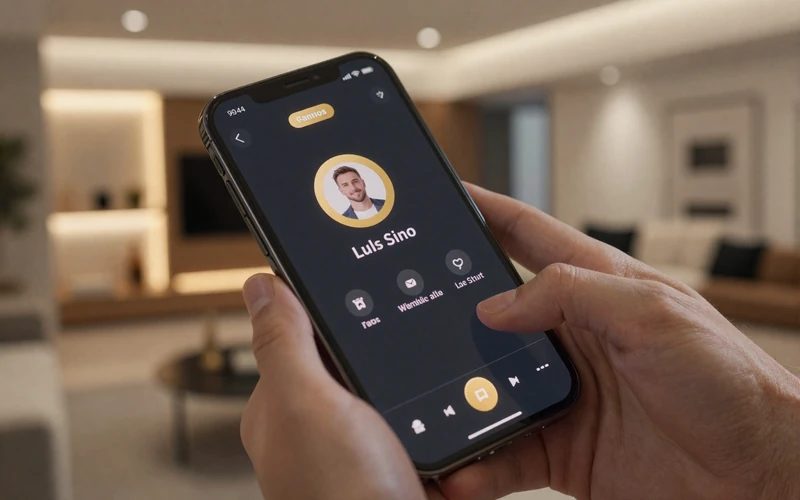 Smartphone displaying a dark-themed FWB dating app with gold verified badge on member profile, lifestyle technology photography with warm ambient lighting