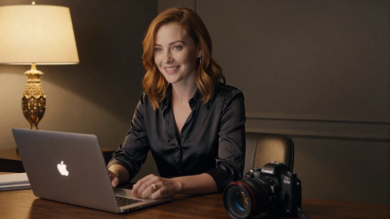 Woman browsing size-positive dating matches on laptop in an intimate home office with warm gold lighting