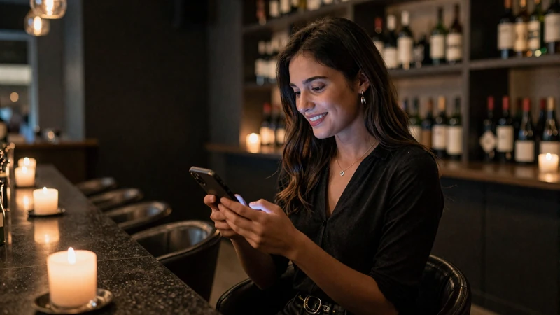 Stylish woman browsing size-positive dating app on smartphone at an upscale wine bar with warm ambient lighting