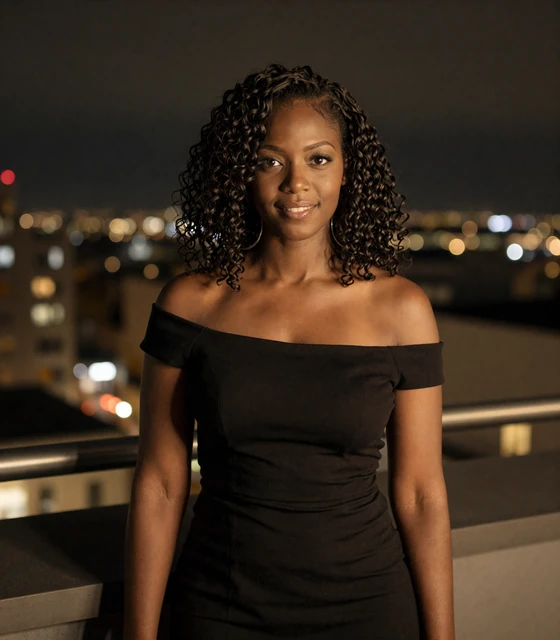 Confident woman enjoying a rooftop evening in the city, representing local singles dating on Datings-Online