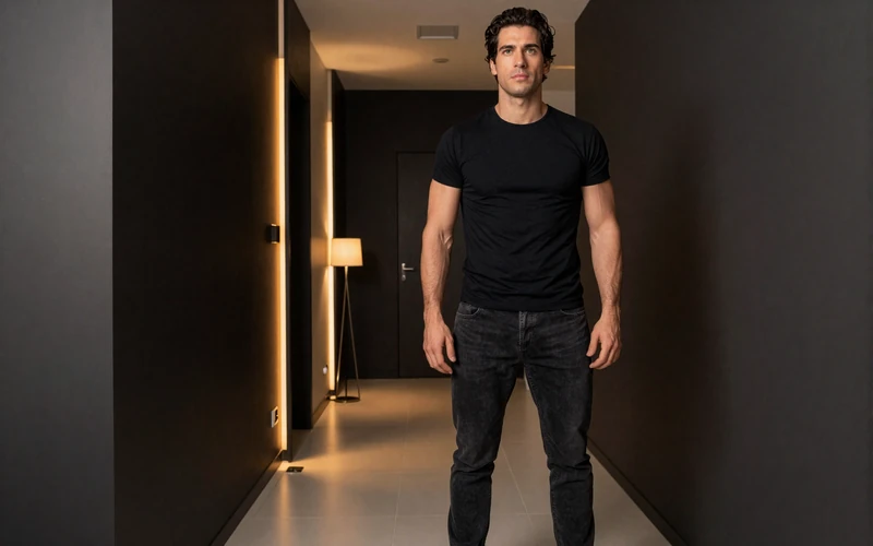 Athletic man standing confidently in a modern apartment with warm golden lighting, illustrating physical fitness as an attractive trait