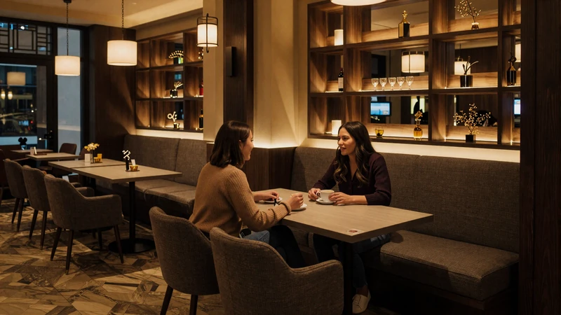 Couple meeting for a safe first date at an upscale coffee shop with warm ambient lighting