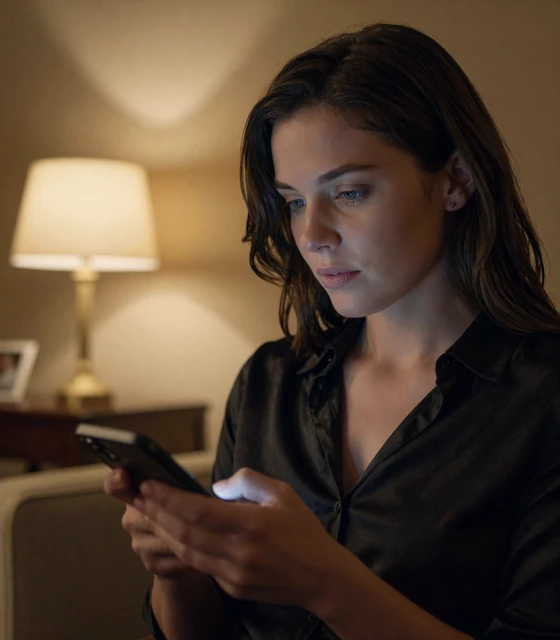 Woman privately browsing a dating app on her phone in a dimly lit luxurious room representing discreet dating on Datings-Online