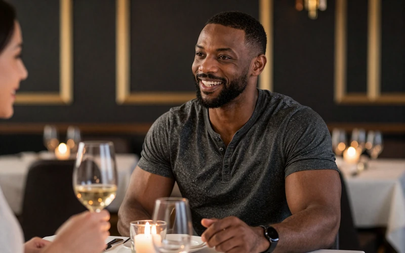 Couple enjoying a candlelit dinner at a dark upscale restaurant, representing a successful real-life date from an online dating platform