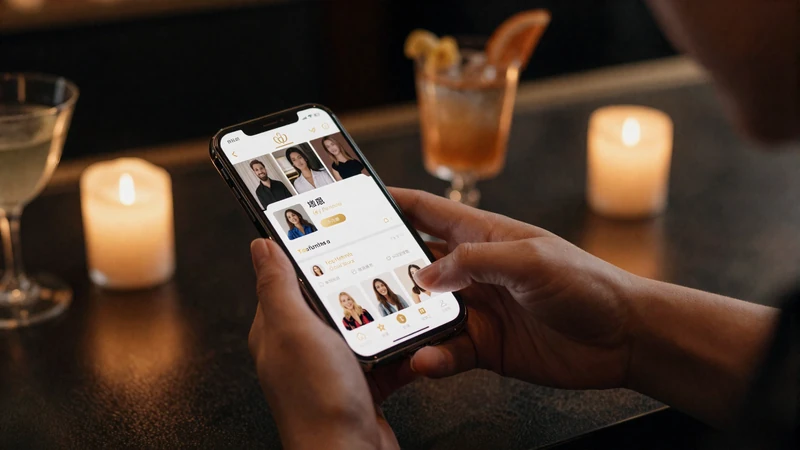 Woman using Datings-Online dating app on smartphone in an upscale bar setting for local singles discovery