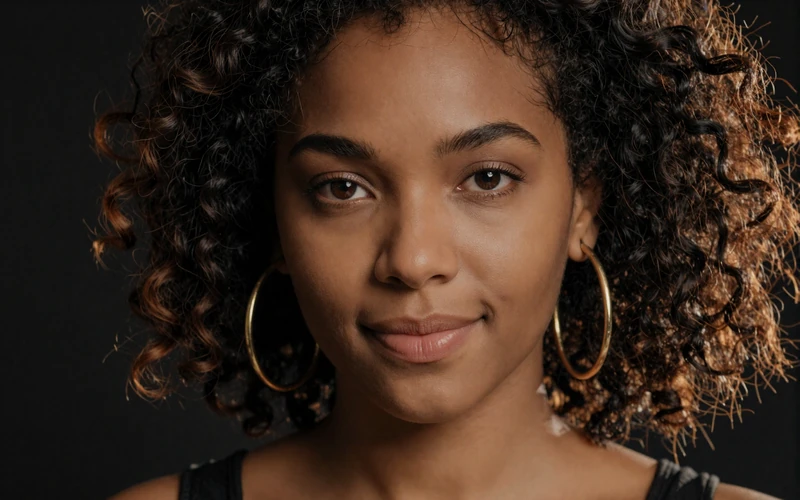 Close-up portrait of a confident woman with warm smile and gold earrings in moody golden lighting, representing expressive attractiveness